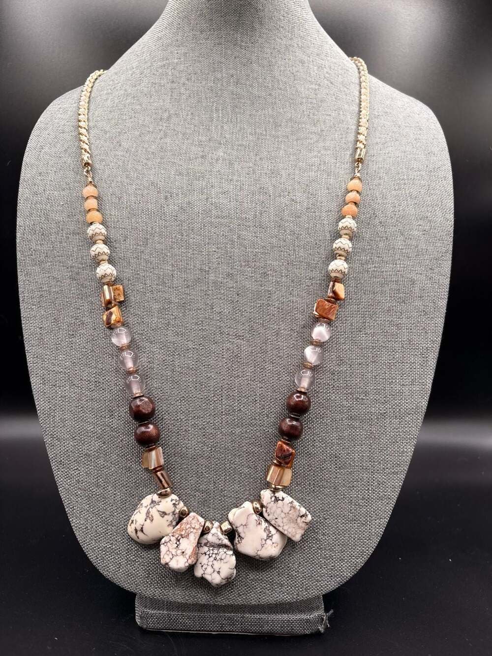 Boho Statement Necklace with White Stone Slabs and Wood Beads